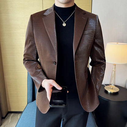 2026 Crocodile Patterned Leather Suit Jacket Men Slim Fit Business Casual Leather Jacket Wedding Groom Party Work Men Blazers