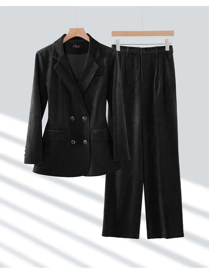 Pleuche Women Suits Office Sets 2024 Autumn New Fashion Notched Double Breasted Blazers Vintage Casual Wide Leg Pants Suits