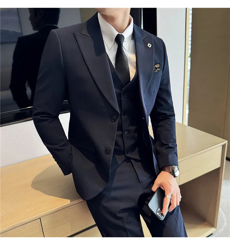 Men's 3 Piece Suit Set Double‑Button Solid Color Slim Fit Business Casual Wedding Banquet Party Jacket Vest Pants Formal Outfit