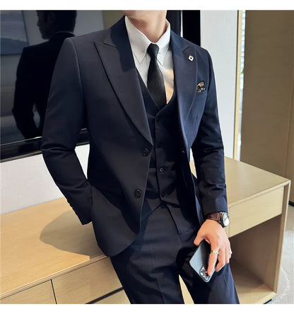 Men's 3 Piece Suit Set Double‑Button Solid Color Slim Fit Business Casual Wedding Banquet Party Jacket Vest Pants Formal Outfit