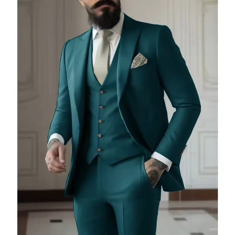 Classy Men Suits 3 Pieces Light Green Peak Lapel Jacket Vest Pants Classic Set For Wedding Groom Wedding Business Events Dress