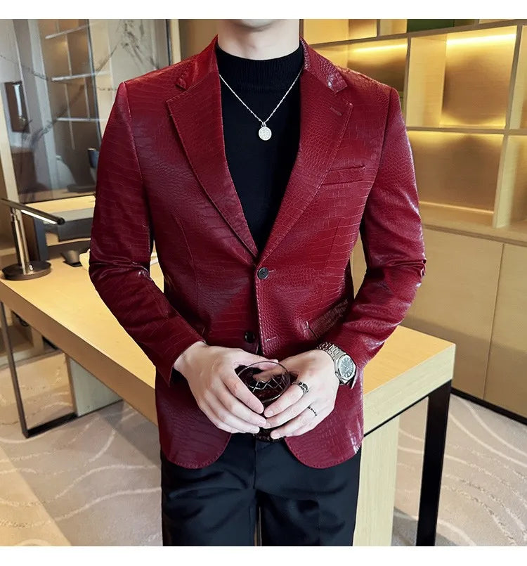 2026 Crocodile Patterned Leather Suit Jacket Men Slim Fit Business Casual Leather Jacket Wedding Groom Party Work Men Blazers