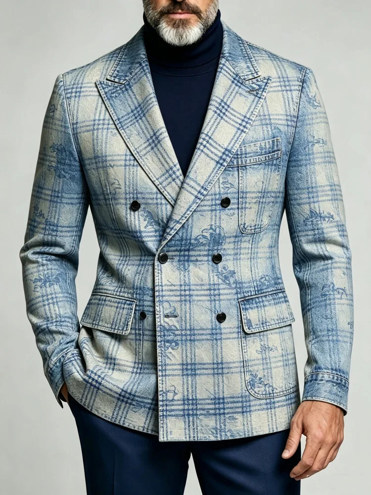 Mens Light Blue Faux Denim Blazer Double Breasted Plaid Floral Print Slim Fit Retro Business Casual Coat