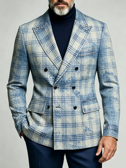 Mens Light Blue Faux Denim Blazer Double Breasted Plaid Floral Print Slim Fit Retro Business Casual Coat