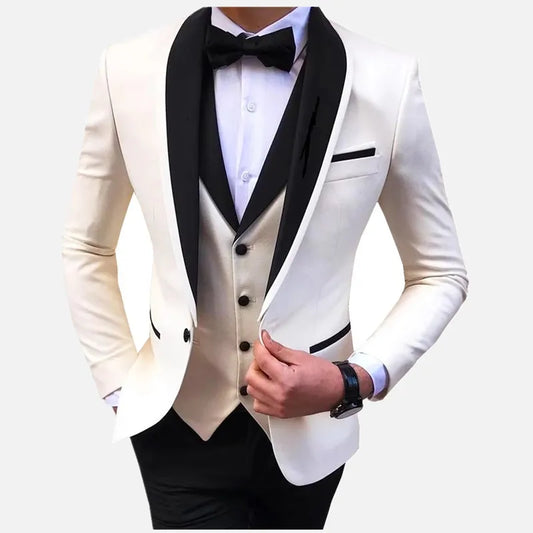 Costumes trois pièces blancs pour hommes avec fente, revers châle noir, smokings décontractés pour marié de mariage, costumes de garçons d'honneur pour hommes 2025 (Blazer+Gilet+Pantalon)