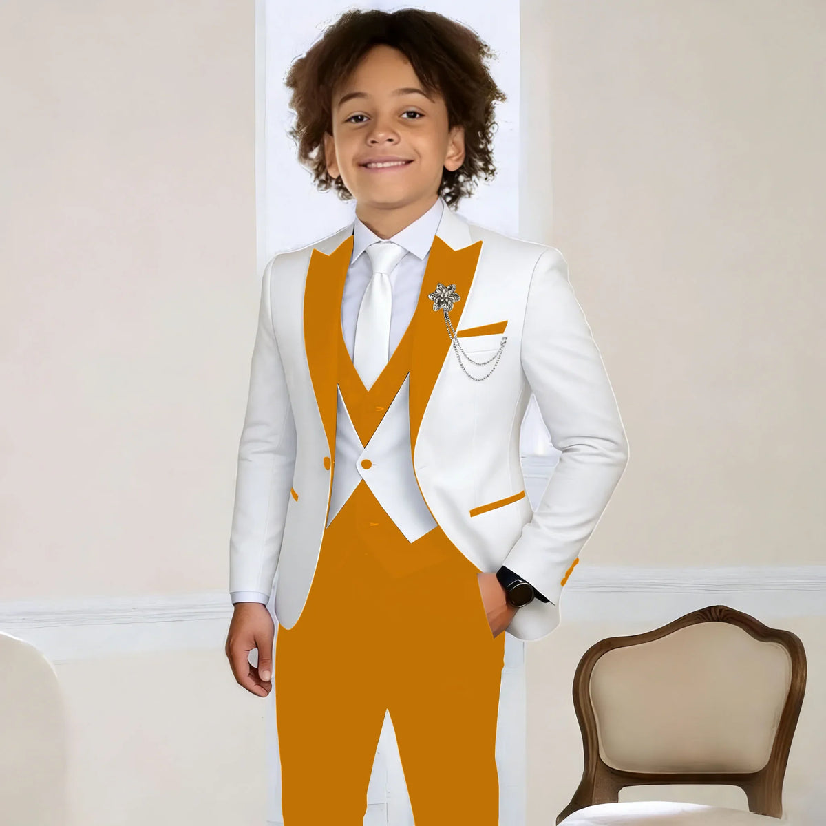 White Suit for Boys Fashion Formal Flower Boys Wedding Tuxedos 3-Piece Set (Jacket Pants Vest) Party Slim Fit Suit Kids Clothes