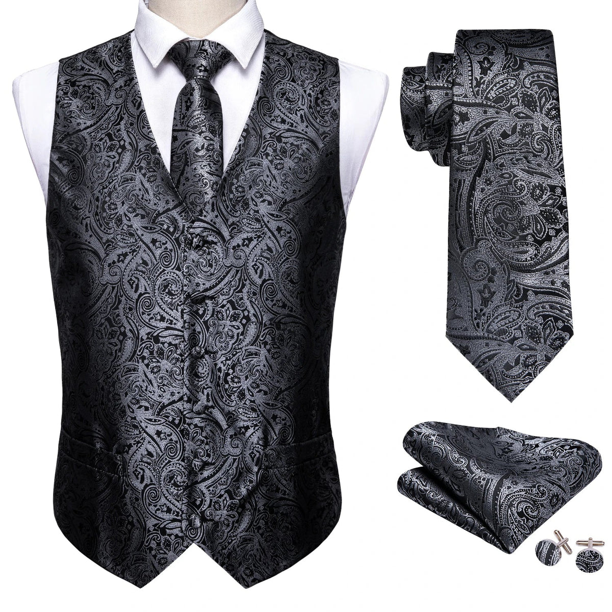 Men's Jacquard Floral V-Neck Suit Vest & Matching Tie Set, Formal Fit Waistcoat for Wedding, Prom, Business Party