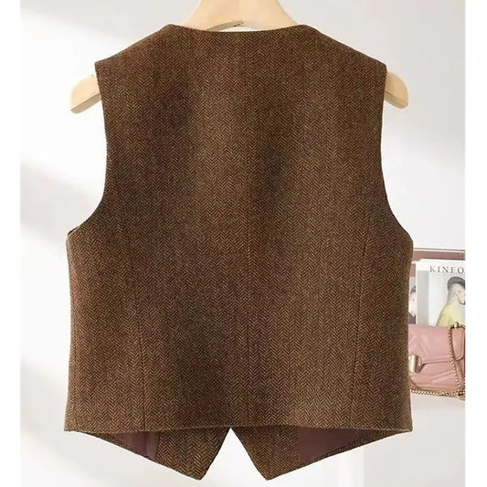Autumn Lady Fashion Sleeveless Jacket Retro Women High End Casual Short Vest Outwear Spring Femme V Neck Cardigan Waistcoat Coat