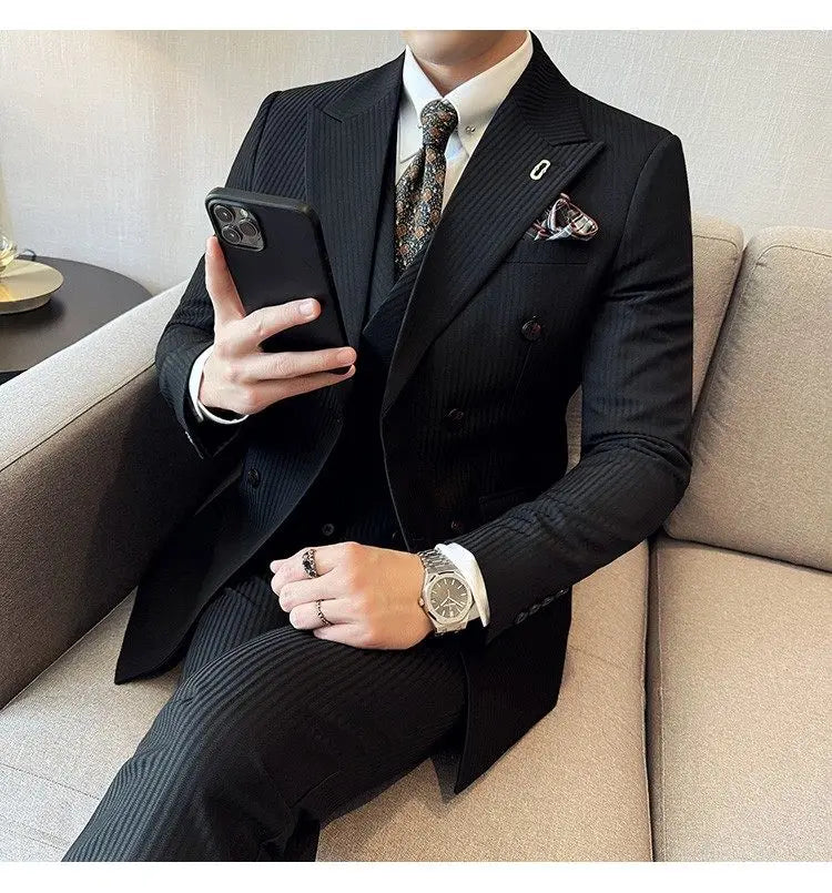 Korean Slim Fitt Wedding Suit Fashion Striped Double Breasted Suit 3 Piece Set Business Formal Casual Party Prom Host Suits