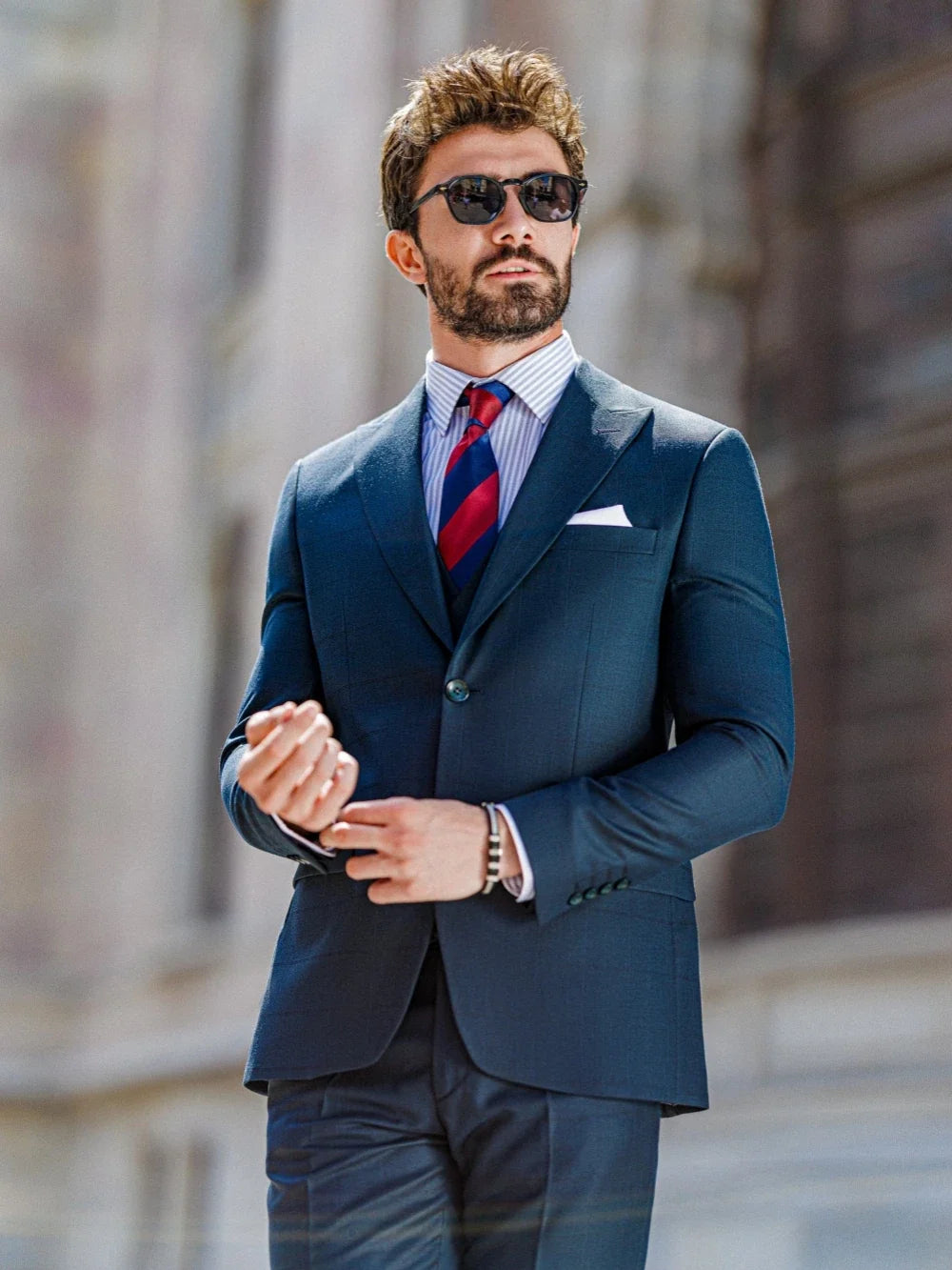 High Quality Navy Plaid Suit Set For Daily Office Customized Single Breasted 3 Pieces Blazer Vest Pants Wedding Party Guest