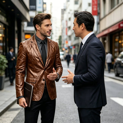 Vintage Wrinkled Men's PU Leather Blazer Slim Fit Notched Lapel Business Suit Jacket Two Button Casual Sport Coats for Office