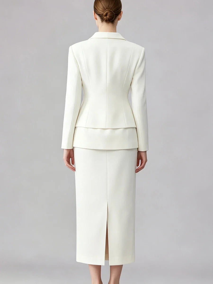 Women  Lapel Blazer Midi Skirt Single Breasted Slim Waist Long Sleeve Formal Office Business Outfit Set