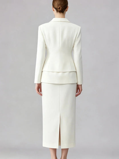 Women  Lapel Blazer Midi Skirt Single Breasted Slim Waist Long Sleeve Formal Office Business Outfit Set