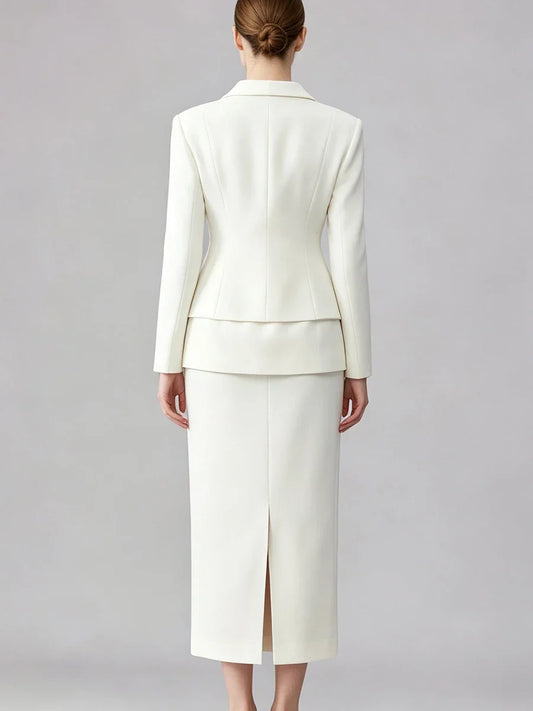 Women  Lapel Blazer Midi Skirt Single Breasted Slim Waist Long Sleeve Formal Office Business Outfit Set