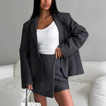 Stylish Notch Lapel Women Suits 2 Piece Jacket With Short Skirt Double Breasted Tailored Set Modern Style Chic Casual Outfit