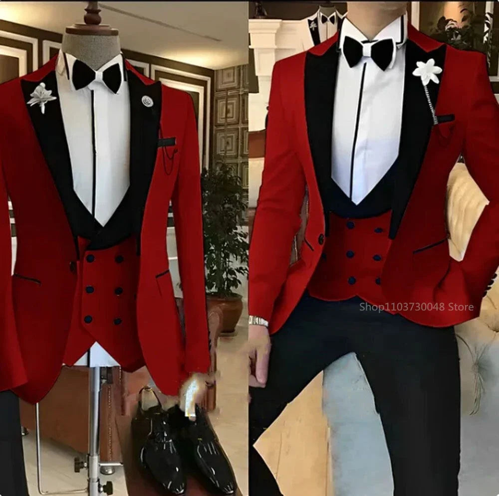 Latest Solid Formal Men's Wedding Suit Slim Fit Elegant Groom Tuxedos Business Party Suits 3 Pieces Sets (Jacket+Vest+Pants)