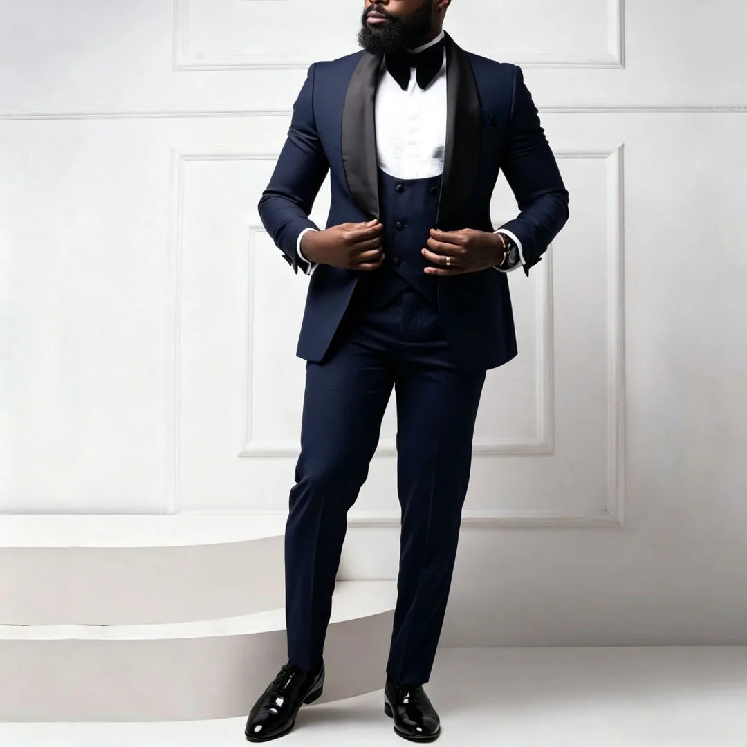 Men Suit Coffee 3 Pieces With Bright Black Lapel For Wedding Birthday Party Banquet Business Work Set Jacket Verst With Pants