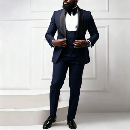 Men Suit Coffee 3 Pieces With Bright Black Lapel For Wedding Birthday Party Banquet Business Work Set Jacket Verst With Pants