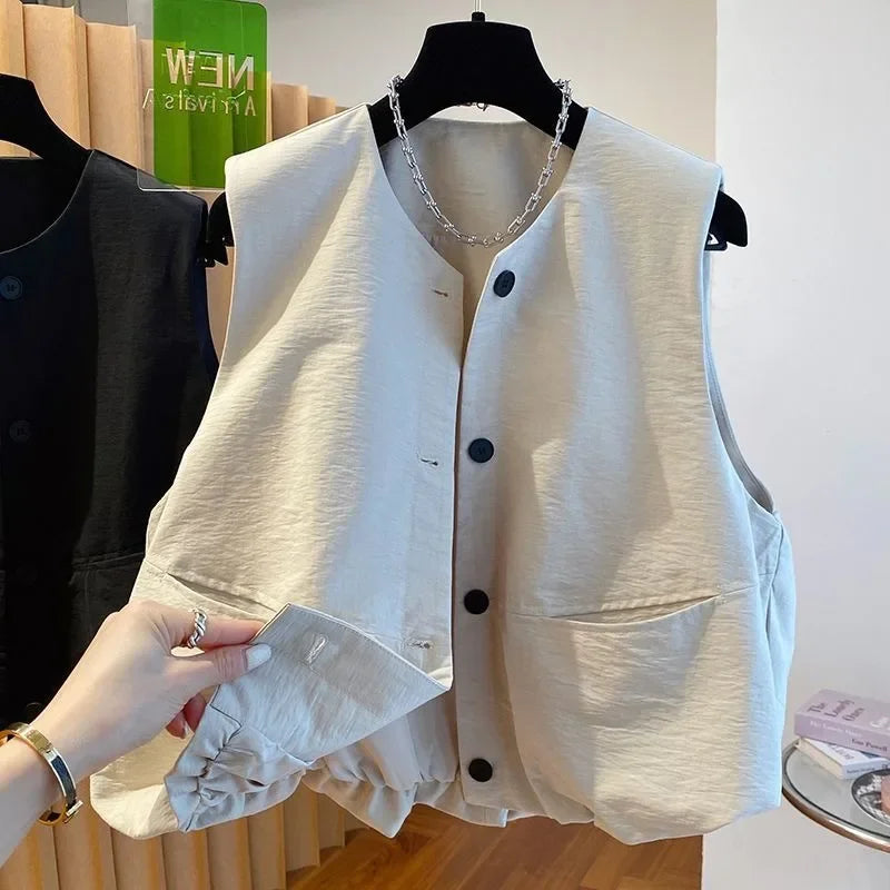 Vest Female Spring Autumn Casual Lined Waistcoat Women O-Neck Sleeveless Jacket Women Solid Single-breasted Vest Coat