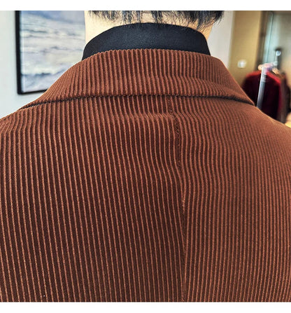 Corduroy Stripe Suit Jacket For Men Autumn Winter Business Slim Fit Tailcoat Formal Wedding Party Fashion Casual Suit Coat 4XL-M