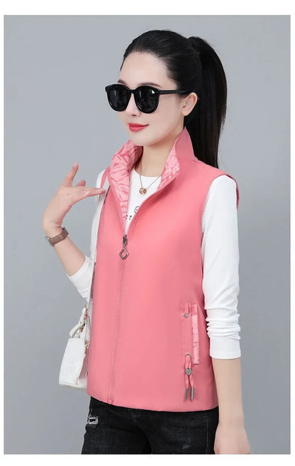 2026 Spring Autumn Women Double-sided Vest Fashion Stand Up Collar Sleeveless Jacket Female Waistcoat Casual Tops Chaleco Mujer
