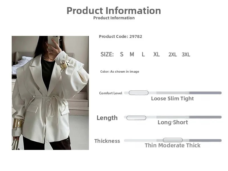 Spring Autumn Fashion Women's Pure Color Belted Shoulder Pad Suit Coat Commute Style Loose Fit Long Sleeve Regular Length