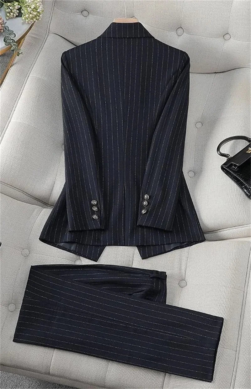Fashion Autumn Winter Ladies Pant Suit Women Blue Striped Female Business Work Wear Jacket Blazer and Trouser Formal 2 Piece Set