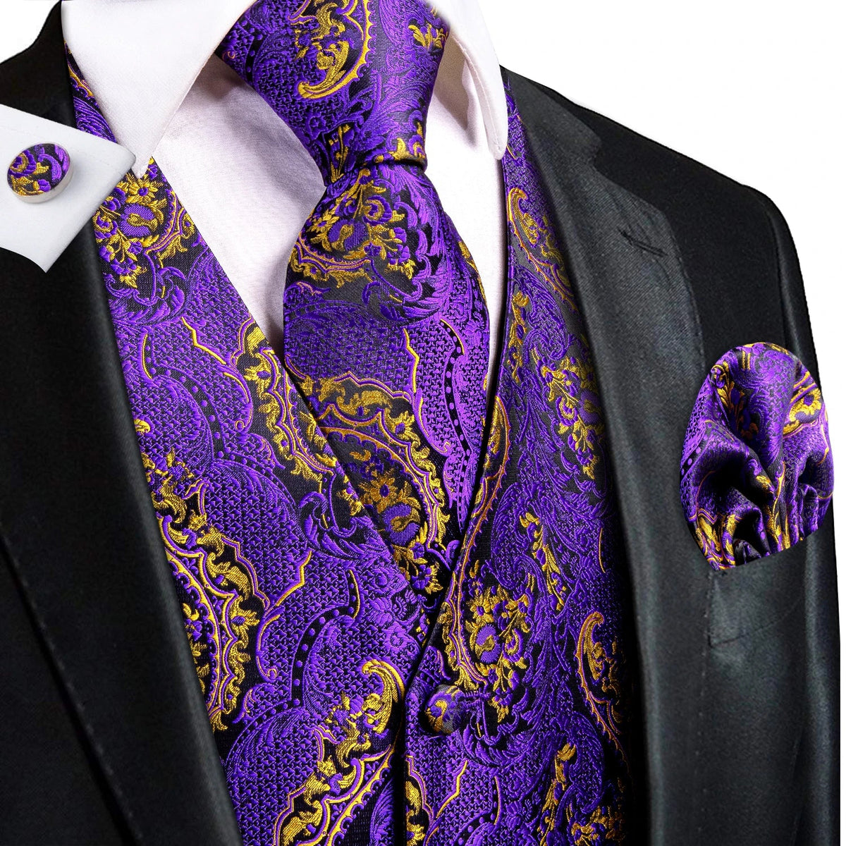 Men's Jacquard Floral Waistcoat Set with Tie, Pocket Square & Cufflinks – Purple Paisley, Wedding & Business