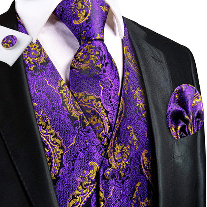 Men's Jacquard Floral Waistcoat Set with Tie, Pocket Square & Cufflinks – Purple Paisley, Wedding & Business