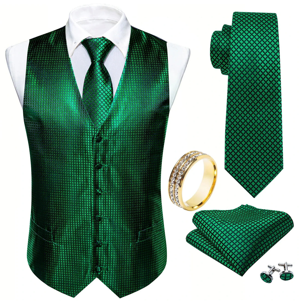 Men's V-Neck Vest 5-Piece Accessory Set – Emerald Grid Pattern for Holiday Balls & Banquets