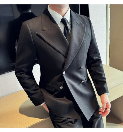 Autumn Winter Thickened Woolen Suit Jacket Men Double-breasted Casual Business Blazers Slim Fit Wedding Social Dress Coat M-4XL