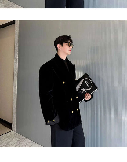 Double Breasted Korean High Quality Blazer Original Elegant Temperament Casual Male Suit Jackets Velvet New Coats LZ7346