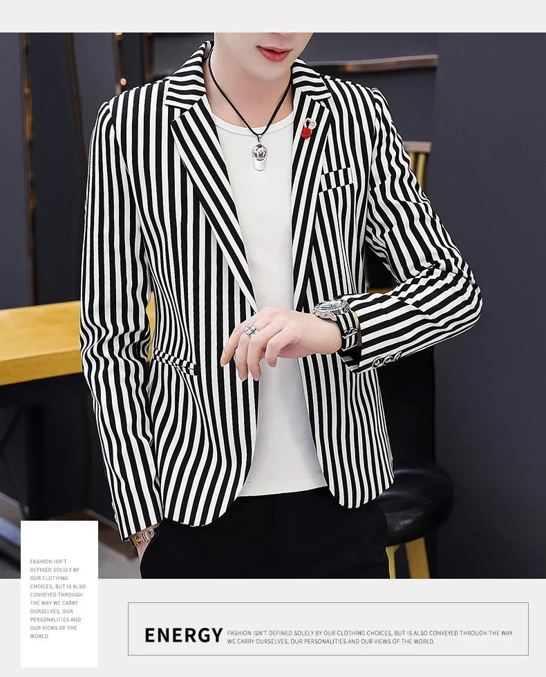 Men's Slim Fit Striped Casual Suit Jacket Korean Fashion Four Seasons New Boutique Handsome Small Suit