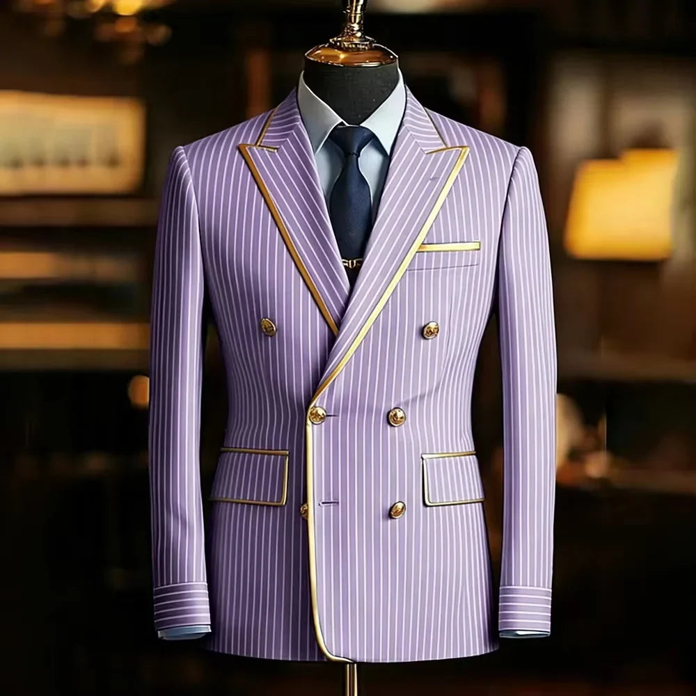 Pinstripe Double Breasted Peak Lapel Mens Suit Jacket Business Slim Fit Gold Trim Striped Coat Formal Wedding Prom Banquet Party