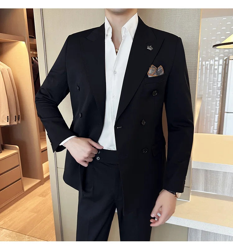 (Blazer + Trousers) Fashion Double Breasted Design Slim Men's Suit Italian Style Luxury Wedding Social Party Tuxedo 2 Piece Set