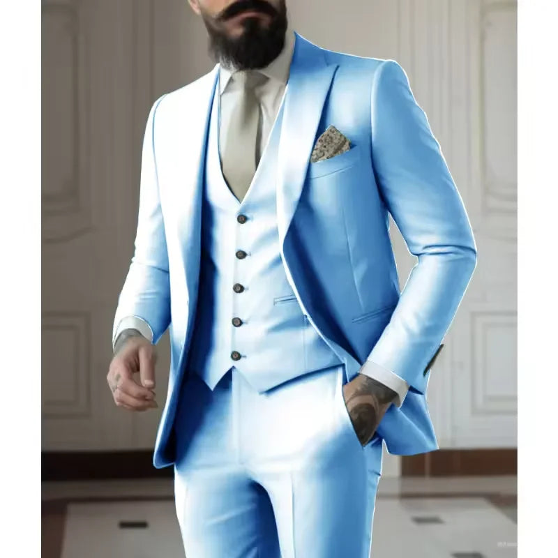 Classy Men Suits 3 Pieces Light Green Peak Lapel Jacket Vest Pants Classic Set For Wedding Groom Wedding Business Events Dress
