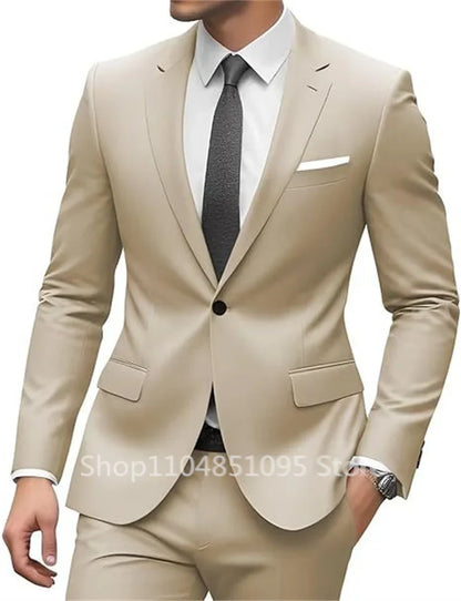 New Solid Slim Fit 2 Piece Wedding Men Suits Groom Tuxedos Formal Suit for Prom Party Busienss Best Man Notch Lapel Blazer Pants