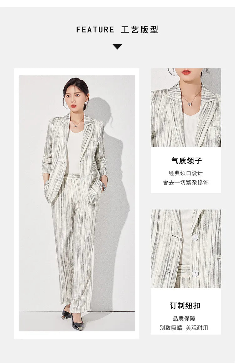 Fashion Women Striped Pants Suit New Spring Business Formal Slim Long Sleeve Thin Blazer and Trousers Office Ladies Work Wear