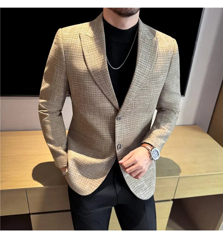 Men's Smart Casual Blazer – Vintage Coin Check Pattern – Brown & White Grey – Shopping & Office Wear