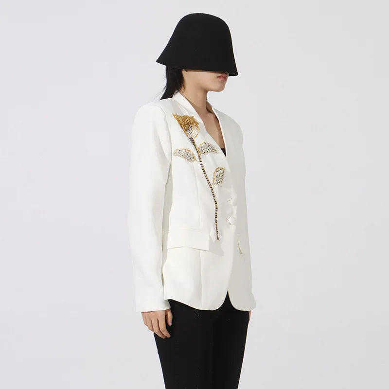 Spring Autumn New Women Blazer V-neck Single Breasted Beaded Flower High-End Slim Fit Elegant Fashion Tide Ins Coat HK16437