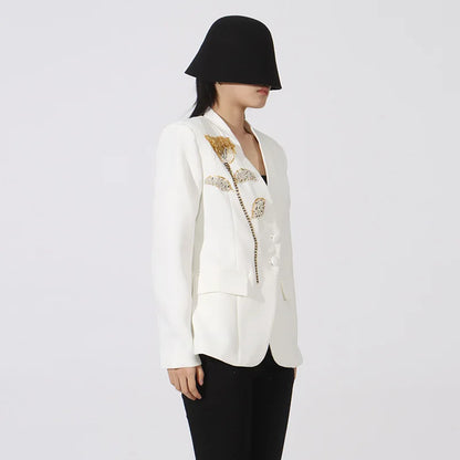 Spring Autumn New Women Blazer V-neck Single Breasted Beaded Flower High-End Slim Fit Elegant Fashion Tide Ins Coat HK16437