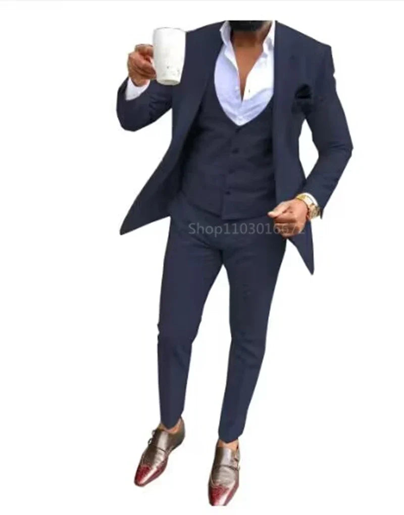 Elegant Solid Men Suits Smart Casual Single Breasted Slim Fit Blazer Vest Pants High Quality 3 Piece Costume Homme for Party