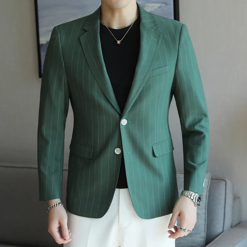 2026 Classic Striped Versatile Suit Jacket Men's Korean Fashion Casual Business Blazers Office Wedding Party Host Formal Jackets