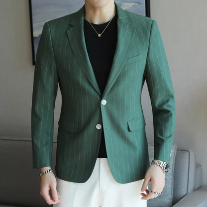 2026 Classic Striped Versatile Suit Jacket Men's Korean Fashion Casual Business Blazers Office Wedding Party Host Formal Jackets