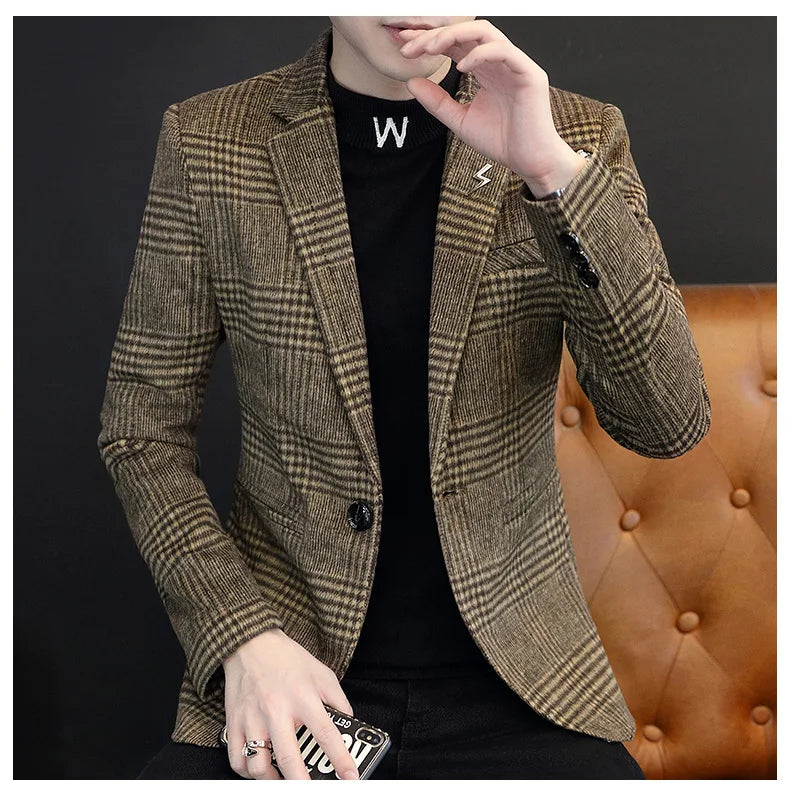 Men's Plaid Blazer Smart Casual Single Breasted Khaki Gray Autumn Office Jacket