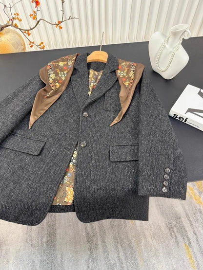 Autumn Office Ladies Work Mid Long Loose Fit Woolen Blazer Jacket Single Breasted Women Vintage Business Casual Suit Coat Blazer