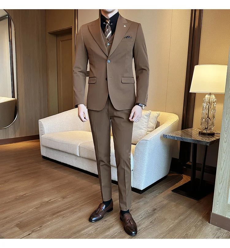 (Blazer + Vest + Trousers) 2024 New Men Formal Business Solid Suit 3 Pieces Set Italian Style Luxury Wedding Social Party Tuxedo