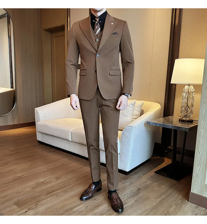 (Blazer + Vest + Trousers) 2024 New Men Formal Business Solid Suit 3 Pieces Set Italian Style Luxury Wedding Social Party Tuxedo