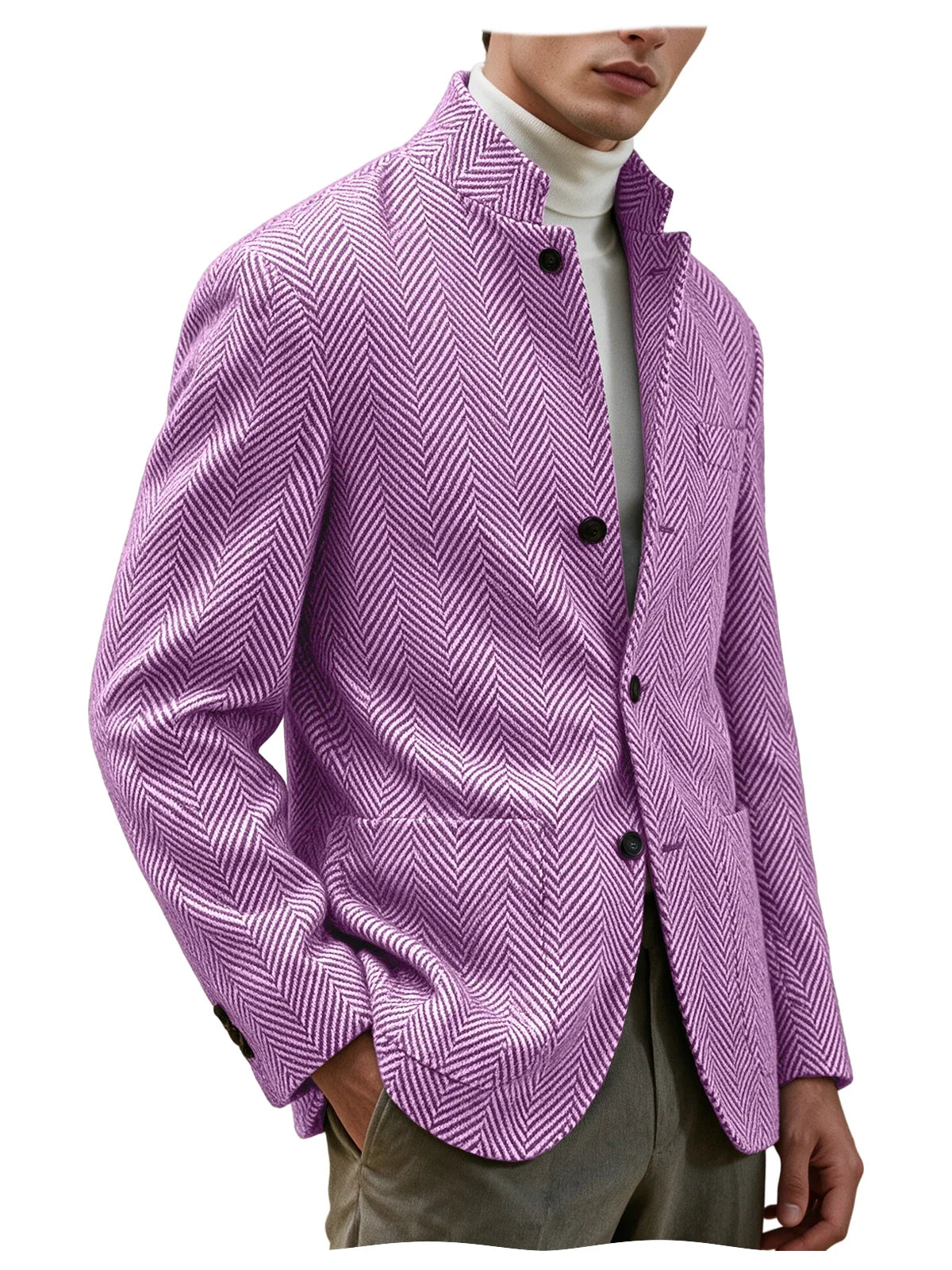 Men's Herringbone Tweed Stand Collar Blazer  Notch Lapel Slim Fit Wool Blend Sport Coat Business Casual Wedding Prom Man Jackets