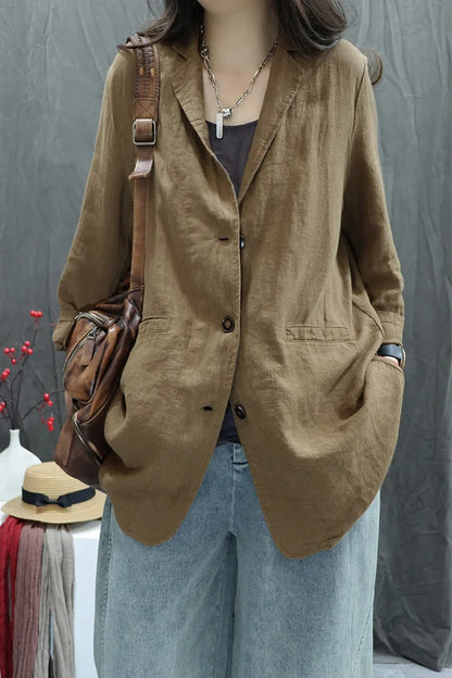 2026 Autumn New Style Women's Casual Pure Color Linen Long Sleeve Retro Fashionable Versatile Suiting Jacket Classic All-Match